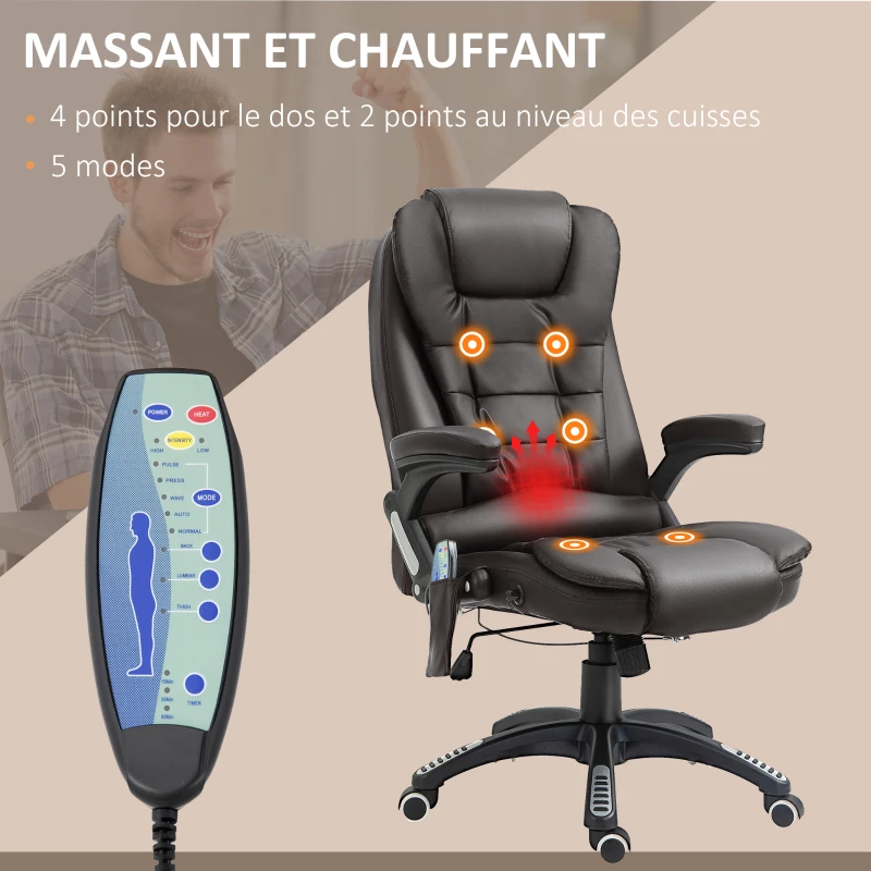 HOMCOM Fauteuil de bureau massant et chauffant électrique fauteuil bureau ergonomique revêtement synthétique brun