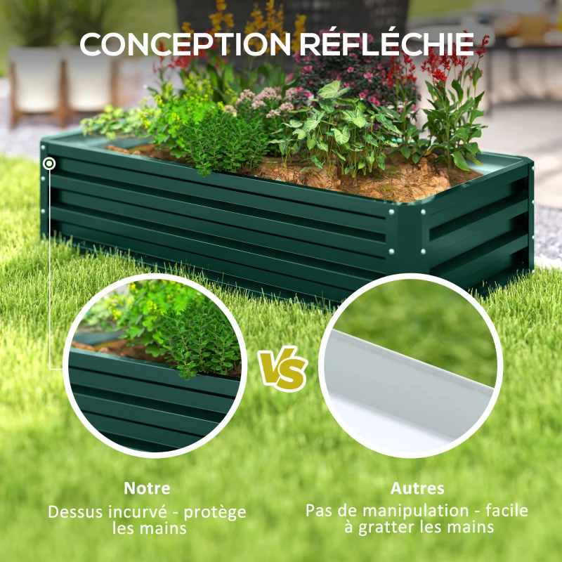 Outsunny Carré potager de jardin rectangulaire tôle d'acier ondulée 120 x 60 x 30 cm vert foncé