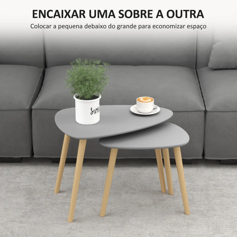 HOMCOM Conjunto de 2 Mesas Auxiliares com Pés de Madeira Mesas de Café 59,5x39,5x45cm e 44,5x28,5x40 cm Cinza