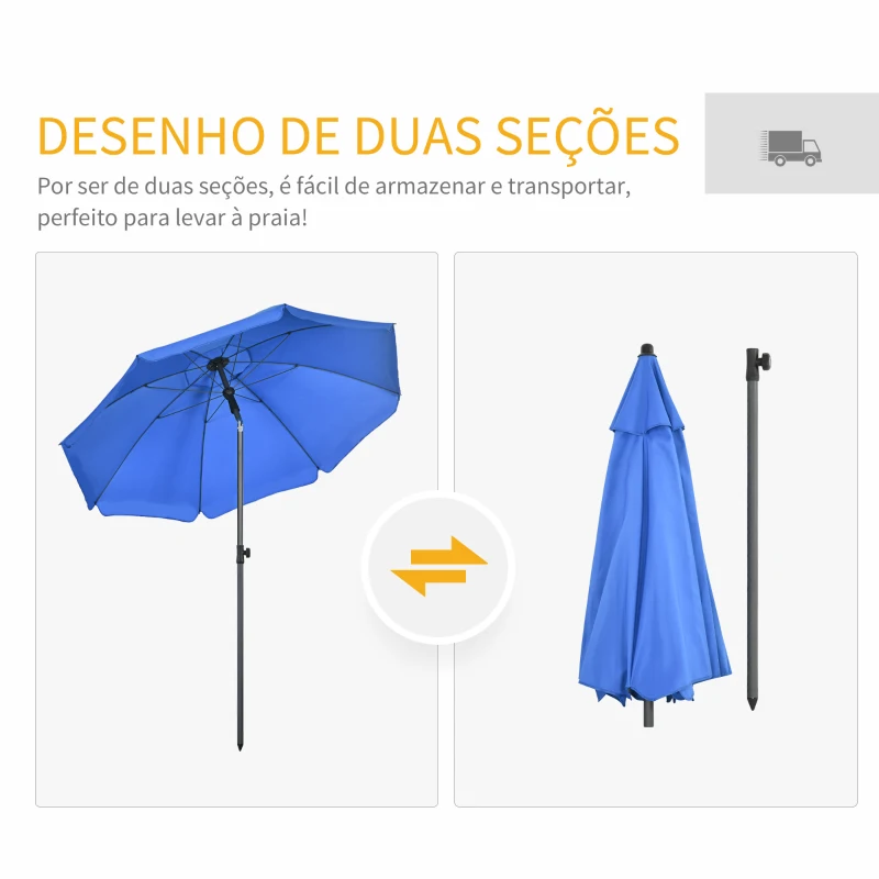 Outsunny Chapéu de Sol de Praia Grande Ø180 cm Chapéu de Sol de Exterior com Ângulo Ajustável Proteção UV50+ Mastro de Ø32 mm Azul