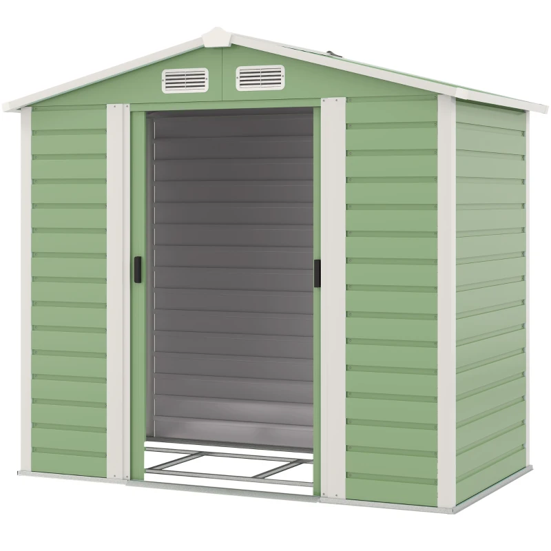 Outsunny Cobertizo Metálico para Jardín 213x120x166/194 cm con Base Refuerzo Puertas Correderas y Ventilaciones Verde Claro