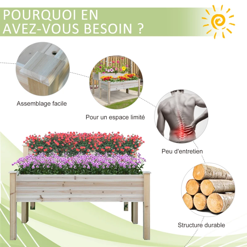 Outsunny Jardinière sur Pieds carré Potager 2 étages dim. 115L x 114l x 76H cm Inserts d'irrigation Bois Sapin Naturel