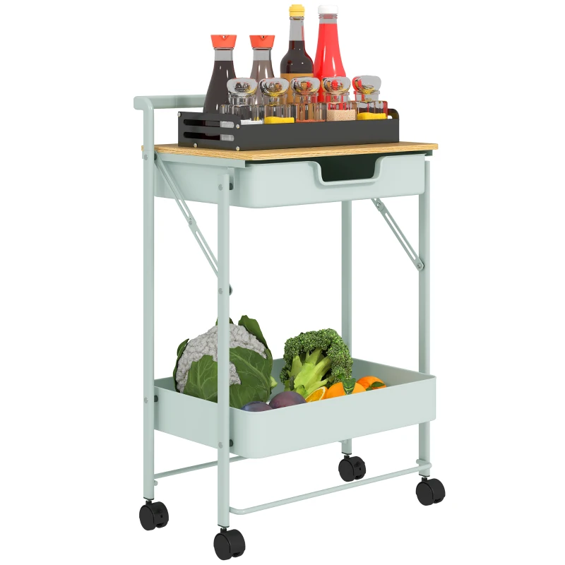 HOMCOM Carrinho Auxiliar com Rodas de 2 Níveis Carrinho de Cozinha com 1 Gaveta e 1 Cesto Carrinho Organizador 45x29,5x68 cm Verde Claro
