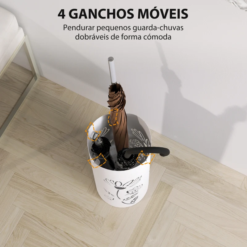 HOMCOM Suporte para Guarda Chuva em Aço com 4 Ganchos Bandeja de Gotejamento Amovível para Entrada ou Escritório Branco 17x17x41 cm