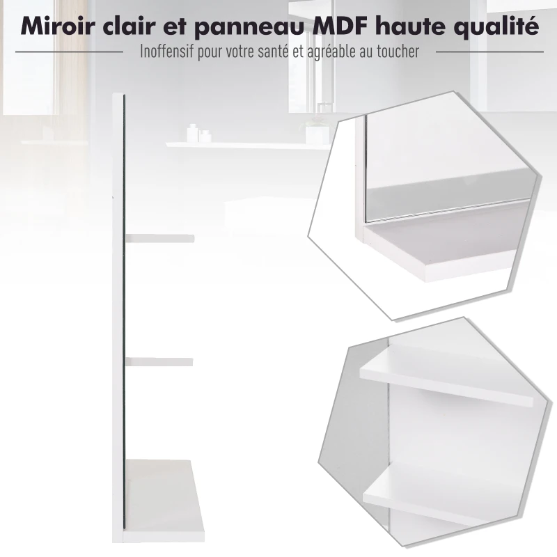 HOMCOM Miroir de Salle de Bain avec étagères - 2 étagères latérales + Grande étagère inférieure - kit Installation fourni - MDF Blanc