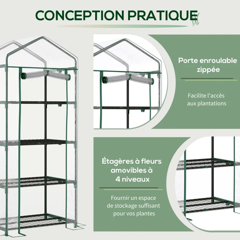 Outsunny Serre de jardin avec étagères 4 niveaux, serre de balcon, bâche renforcée PVC, châssis en acier, porte zippée, pour légumes plante fleurs, intérieur et extérieur, 70x50x160cm, transparente