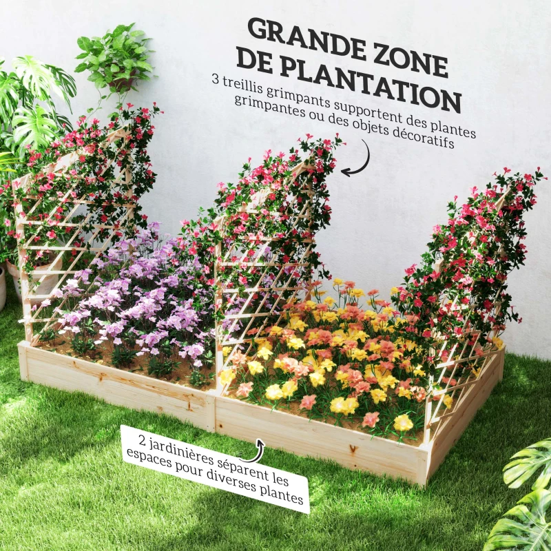 Outsunny Jardinière avec 3 treillis modulable, bac à fleurs en bois pour balcon terrasse patio, 222x114x109 cm effet bois naturel