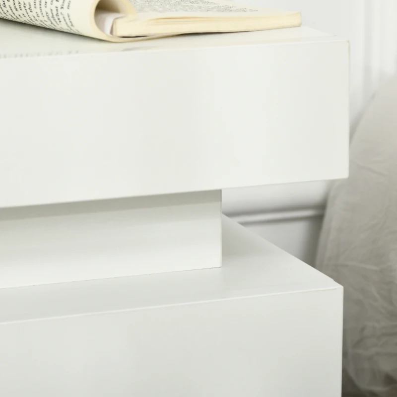 HOMCOM Table de chevet table de nuit lumière LED RVB panneau haute brillance avec 2 tiroirs pour salon chambre à coucher blanc