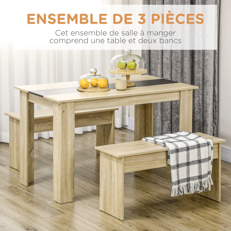 HOMCOM Ensemble table à manger 3 pièces avec 2 bancs encastrables pour 4 personnes style contemporain en bois