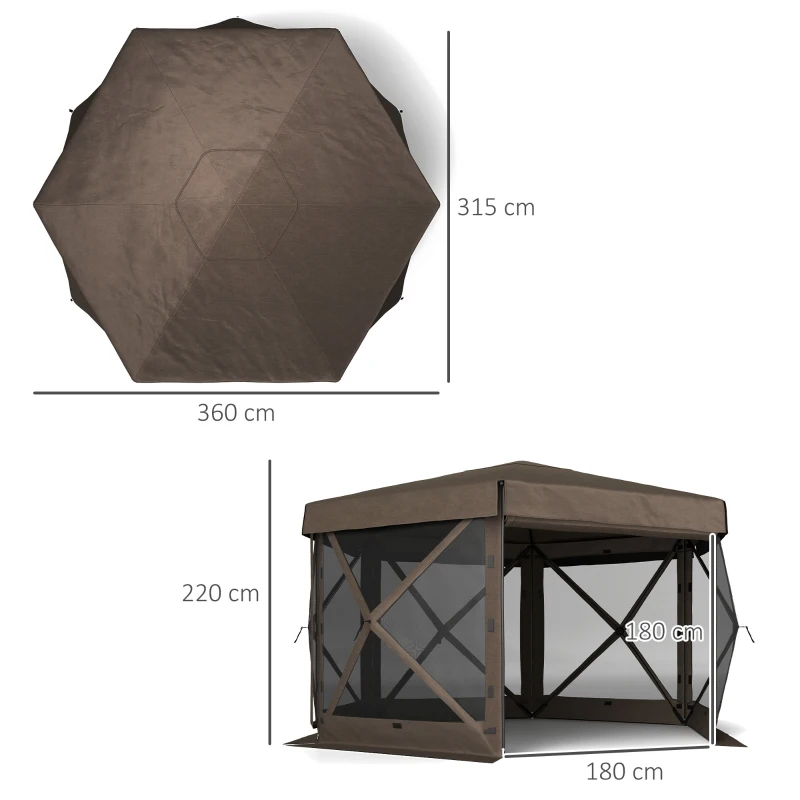 Outsunny 3 x 3(m) Hexagon Pop Up Gazebo with 5 Sides and Carry Bag, Waterproof, UV Resistant Party Tent Instant Event Shelter with Netting for Garden, Patio, Brown