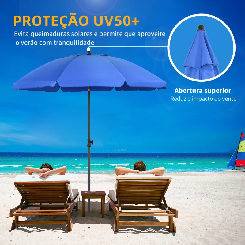 Outsunny Chapéu de Sol de Praia Grande Ø180 cm Chapéu de Sol de Exterior com Ângulo Ajustável Proteção UV50+ Mastro de Ø32 mm Azul