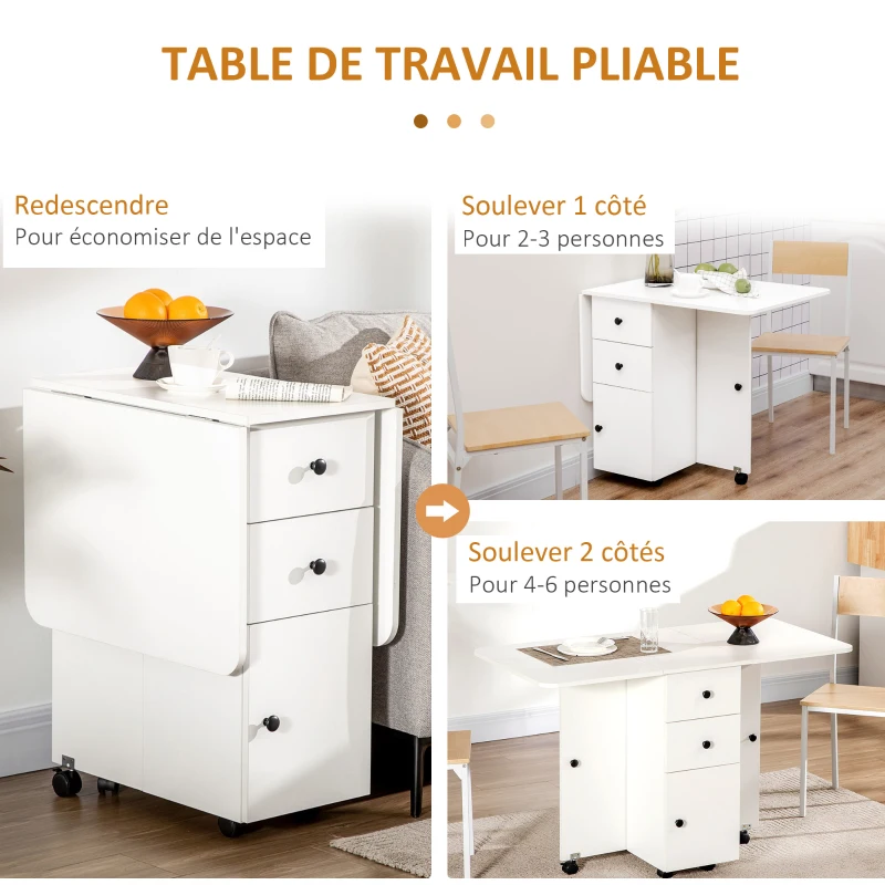 HOMCOM Table de cuisine pliable table à manger pliante 2 plateaux rabattables avec 2 tiroirs 1 placard blanc