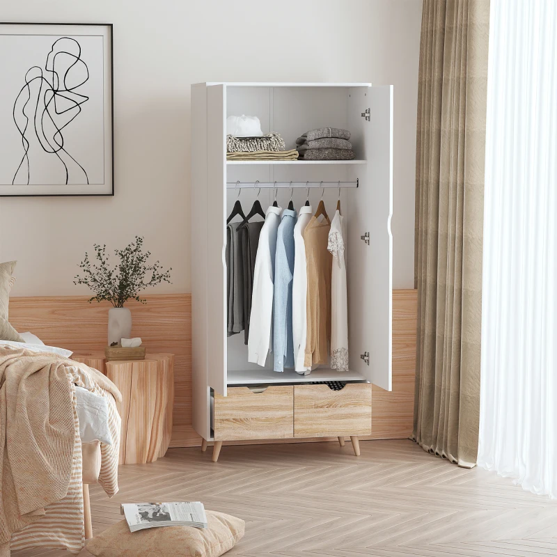 HOMCOM Armoire de Rangement Design scandinave - Armoire de Chambre - Placard 2 Portes avec penderie et étagère - 2 tiroirs coulissants - Panneaux Particules Blanc chêne Clair