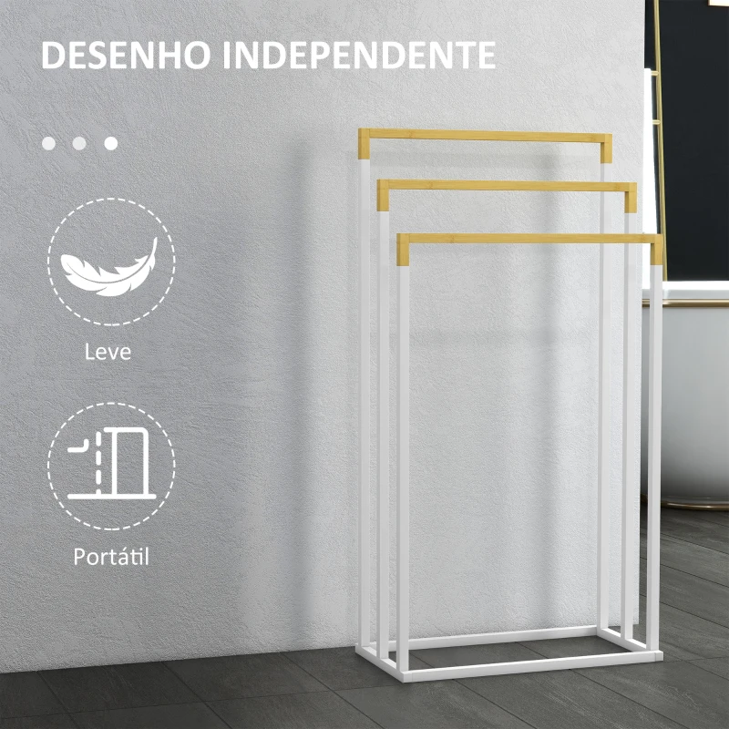 kleankin Toalheiro de Pé de 3 Níveis em Forma de Escada com 3 Barras de Bambu e Estrutura de Aço 45x22,5x86 cm Branco e Madeira