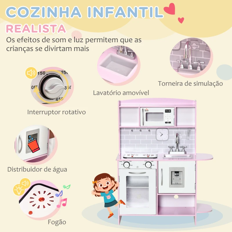 HOMCOM Cozinha Infantil para Crianças acima de 3 Anos Cozinha Infantil com Luzes Sons Lavatório Fogão e Forno 70x29x90cm Rosa