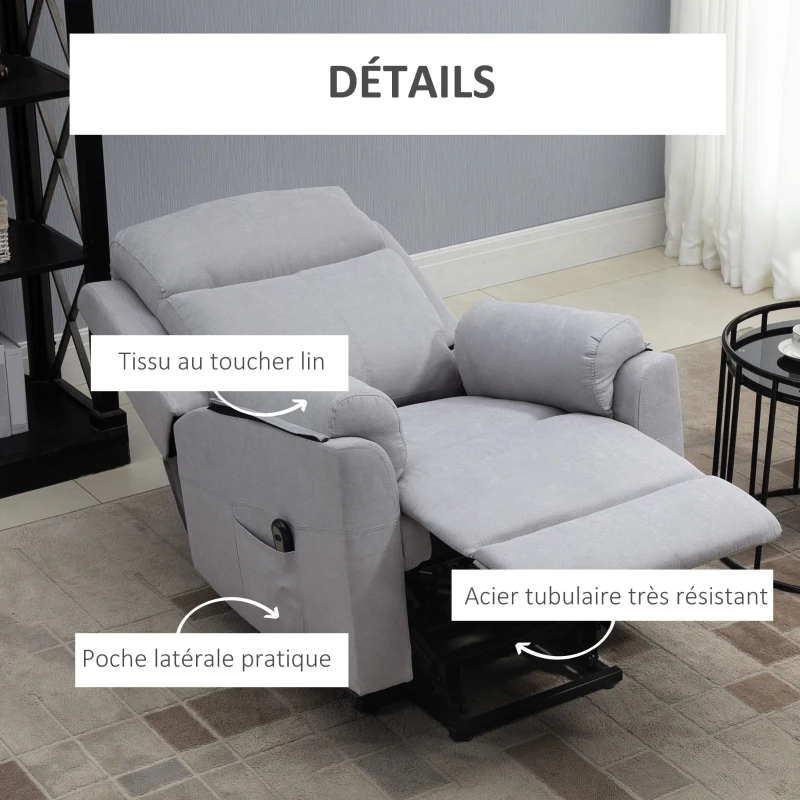 HOMCOM Fauteuil releveur électrique, fauteuil relax électrique avec repose-pied, dossier inclinable, télécommande et poche latérale charge 120kg tissu aspect lin gris clair(m-7)