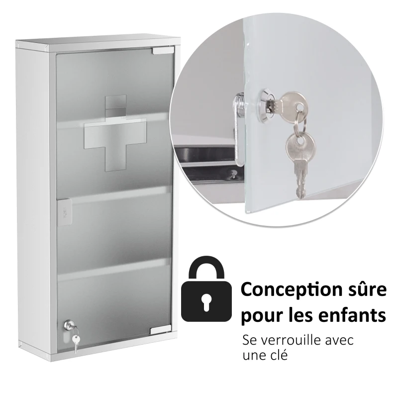 HOMCOM Armoire à Pharmacie 3 étagères 4 Niveaux 30L x 12l x 60H cm Porte Verre trempé Symbole Croix Acier Inoxydable brossé