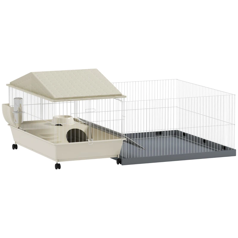PawHut Gaiola para Animais Pequenos com Parque Desmontável Gaiola para Roedores com Rodas Rampas Bebedouro e Dispensador de Feno 108x71x57 cm Bege