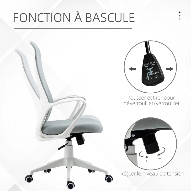 Vinsetto Fauteuil de bureau ergonomique avec accoudoirs et roulettes - fonction inclinaison et hauteur réglable - gris clair