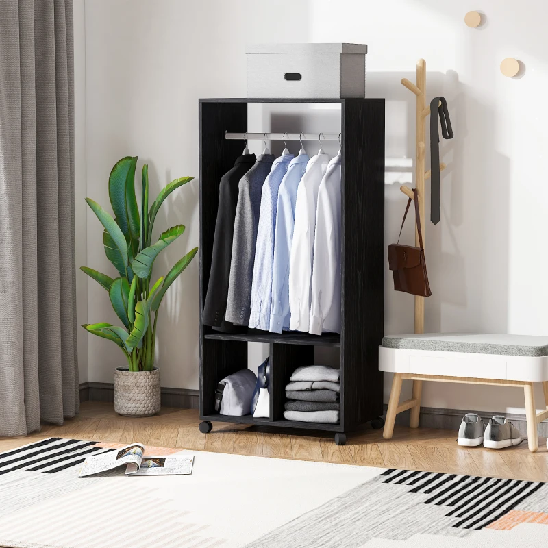 HOMCOM Armoire penderie étagère 2 niches penderie 4 roulettes pivotantes dim. 60L x 40l x 128H cm Coloris Noir