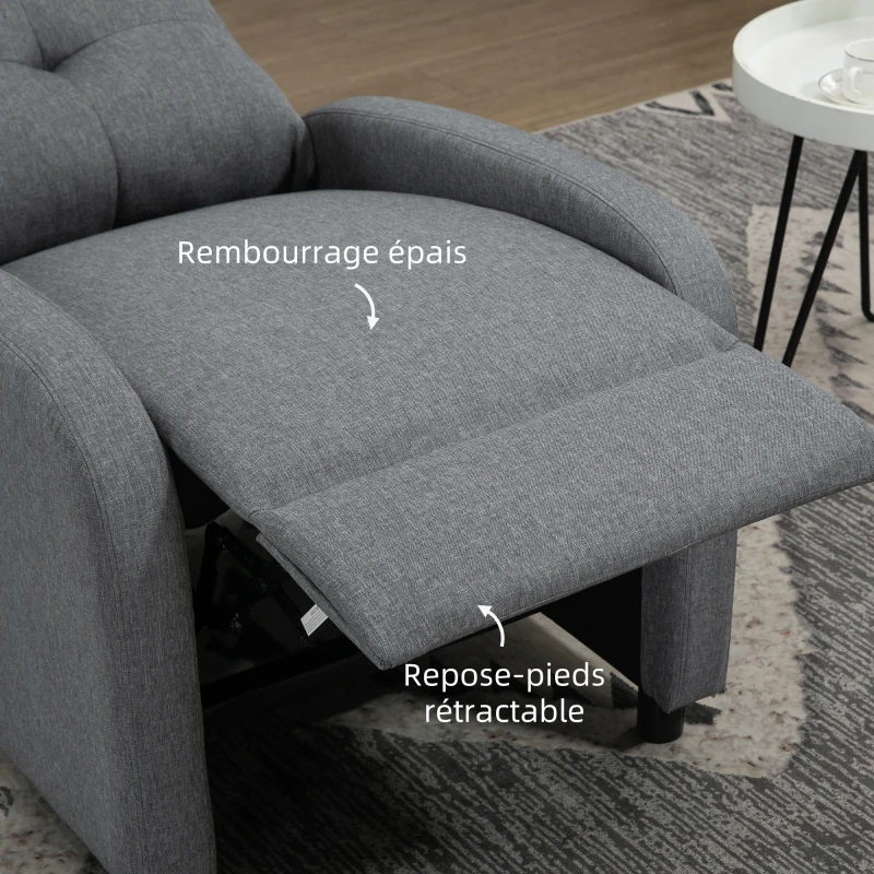 HOMCOM Fauteuil de relaxation inclinable manuellement avec repose-pied revêtement effet lin gris(m-6)