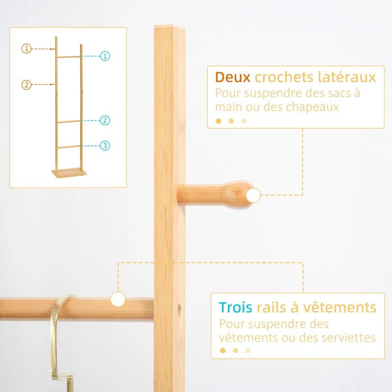 HOMCOM Porte manteau sur pied portant à vêtements, Vestiaire en bois avec 3 tringles et 2 crochets