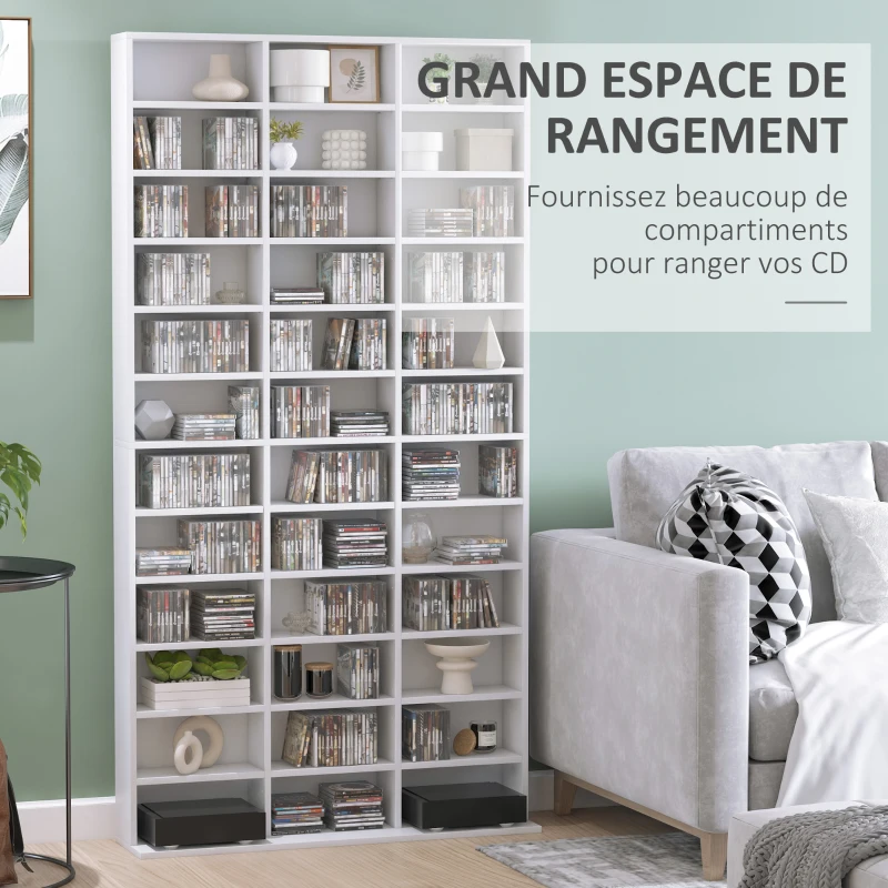 HOMCOM Étagère Rangement CD/DVD Meuble de Rangement pour 1116 CDs 36 Compartiments réglables en Hauteur Blanc