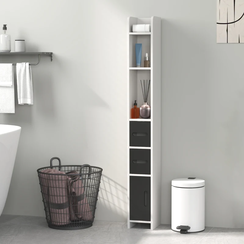 kleankin Coluna Casa de Banho com 3 Portas e 3 Prateleiras Abertas Coluna Auxiliar  Estilo Moderno 15x17x120 cm Branco e Preto