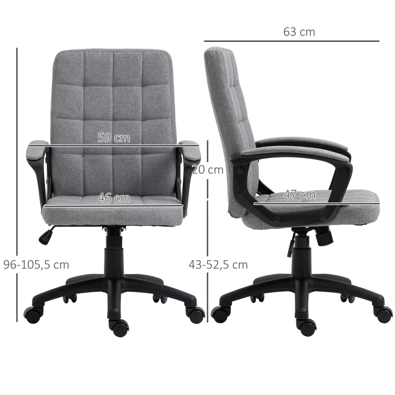 Vinsetto Fauteuil de bureau chaise de bureau tissu effer lin hauteur réglable 43-52,5 cm pivotante 360° gris noir
