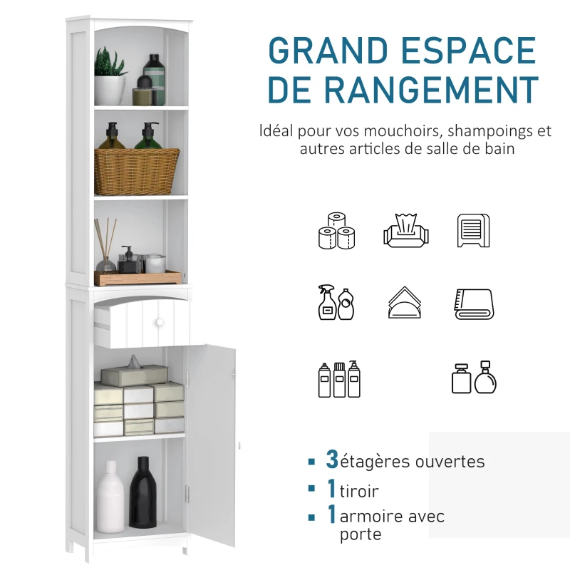 HOMCOM Meuble Colonne de Salle de Bain Meuble colonne rangement WC avec étagère et tiroir, placard 34L x 24l x 170H cm Blanc