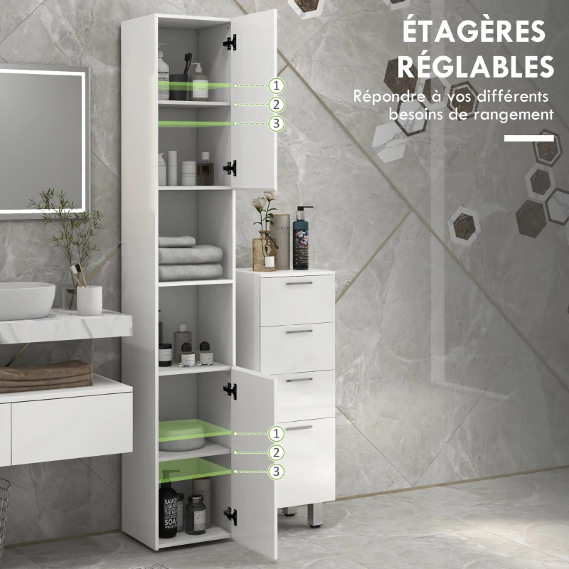 kleankin Meuble colonne de salle de bain 2 placards avec étagères réglables + 2 niches 30 x 30 x 181,5 cm blanc