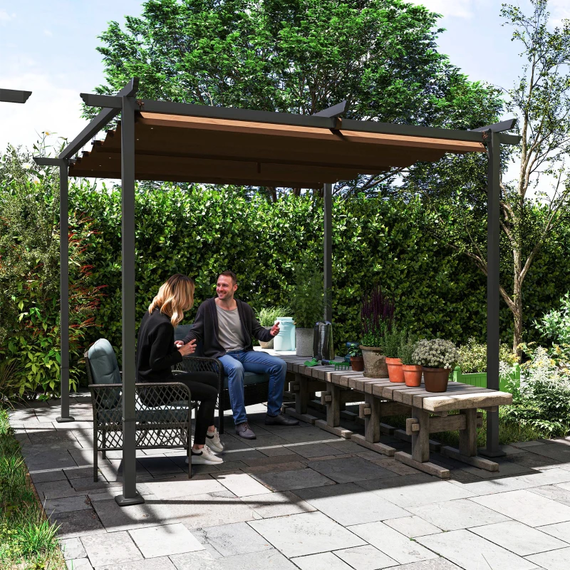 Outsunny Pergola jardin exterieur 3x3 m toit coulissante rétractable polyester haute densité 180g/m², abri soleil UPF30+, marron