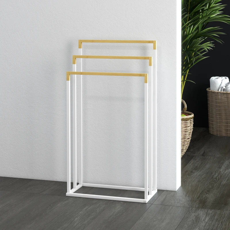 kleankin Toalheiro de Pé de 3 Níveis em Forma de Escada com 3 Barras de Bambu e Estrutura de Aço 45x22,5x86 cm Branco e Madeira