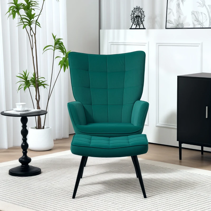 HOMCOM Fauteuil relax avec repose-pieds assorti style scandinave piètement métal noir revêtement aspect velours - Vert