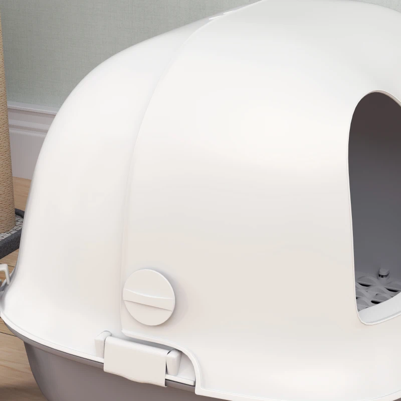 PawHut Bac à litière pour chat maison de toilette chat avec porte pelle toit avant ouvrant 58 x 46 x 39 cm gris clair et blanc