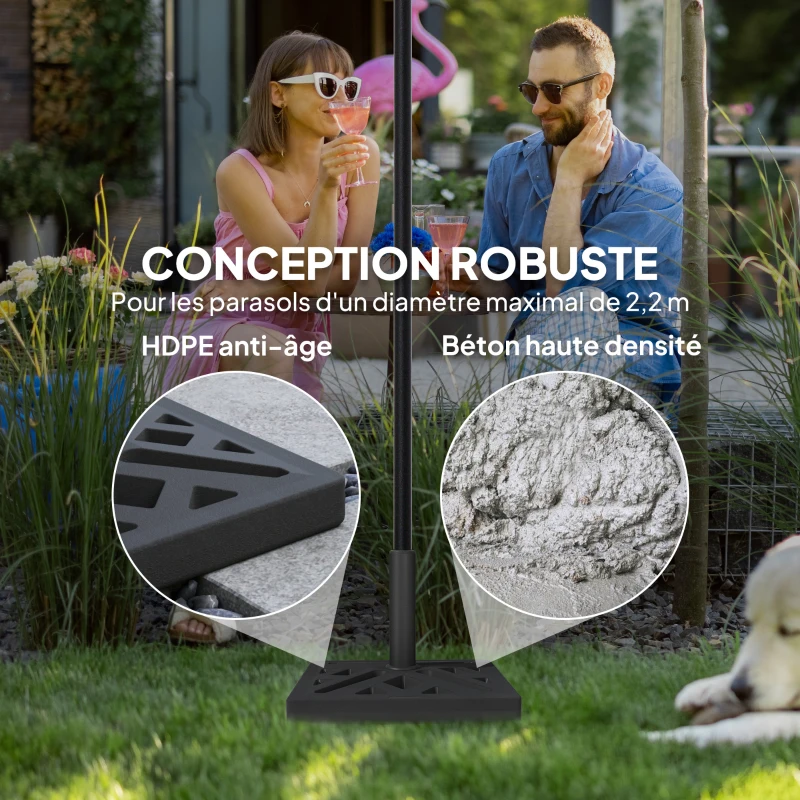 Outsunny Pied de parasol carré 15 kg, support parasol en béton pour mât de Ø 32, 38, 48 mm, design ajouré 45 x 45 x 33,5 cm, noir
