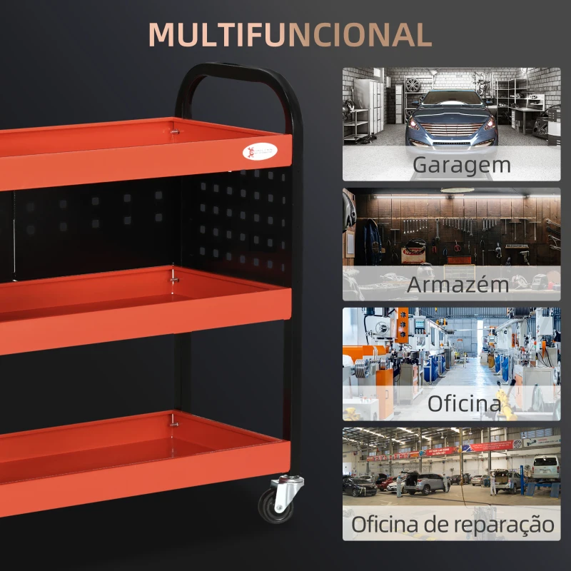 DURHAND Carro de Ferramentas Carro de Oficina de Aço com 3 Prateleiras Rodas e Painéis Perfurados 75x35x80 cm Vermelho e Preto