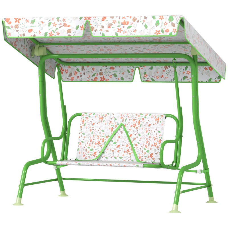 AIYAPLAY Baloiço de Jardim para Crianças com 2 Lugares Toldo Ajustável Cinto de Segurança e Desenho de Borboletas 112x75x120 cm Verde