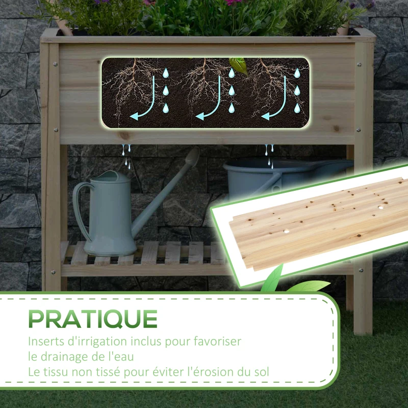 Outsunny Jardinière sur pieds potager avec étagère à lattes 90 x 40 x 81 cm inserts d'irrigation, géotextile inclus bois massif