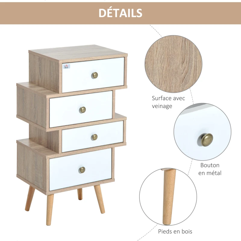 HOMCOM Meuble Commode chiffonnier Style scandinave 4 tiroirs coulissants 47 x 30 x 81 cm Coloris Blanc Bois de chêne