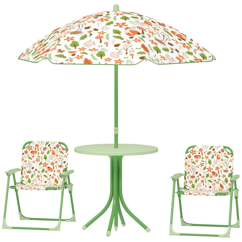 AIYAPLAY Conjunto de Mesa e Cadeiras para Crianças de Jardim com Cadeiras Dobráveis Chapéu de Sol Ajustável e Desenho de Raposas Verde