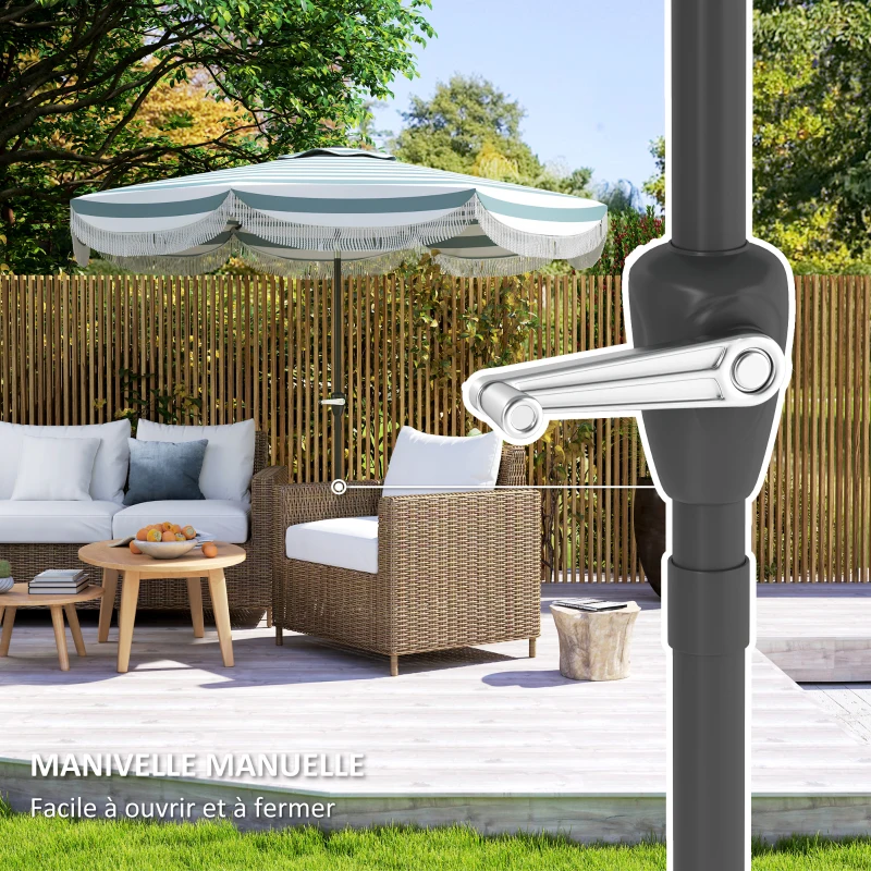 Outsunny Parasol de jardin 2,7 ​​m, parasol inclinable d'extérieur UPF 30+ avec manivelle, 8 baleines, bleu clair et blanc