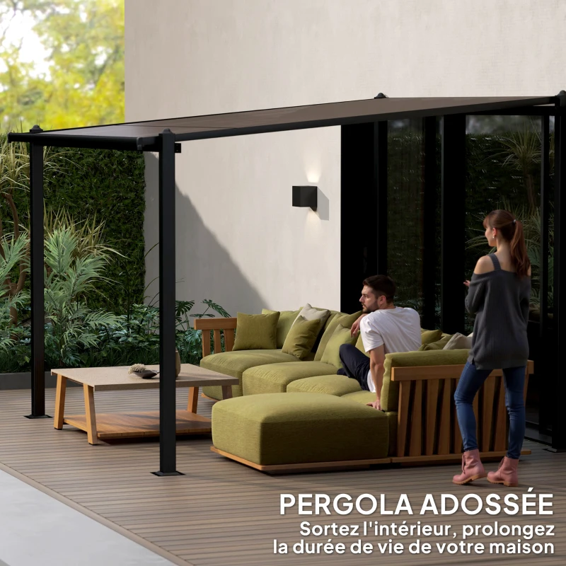 Outsunny Pergola jardin extérieur en aluminium 3 x 3 m avec toit en polycarbonate imperméable et système de drainage, gris