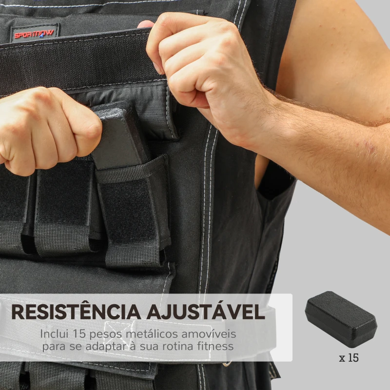 SPORTNOW Colete de Pesos 15 kg Colete de Musculação Ajustável com Bandas Reflectoras Colete de Cross Training  Preto