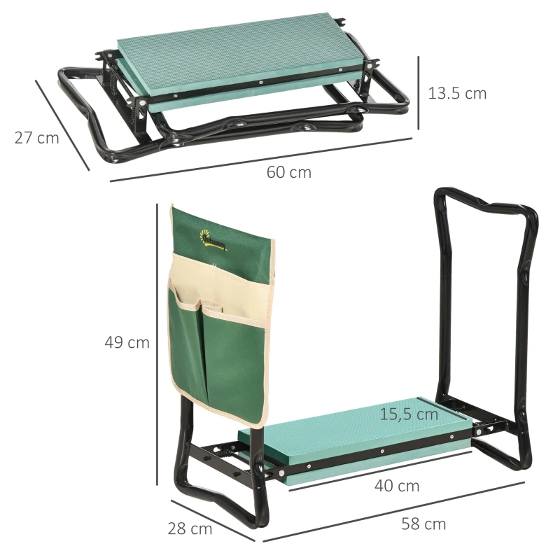 Outsunny Tabouret de Jardin Pliable agenouilloir de Jardin siège Jardinage avec Coussin Pochette Rangement Outils Vert