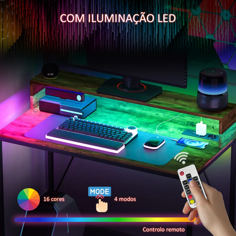 HOMCOM Secretária Estilo Industrial com Luzes LED Tomadas de Corrente Suporte para Monitor e Controlo Remoto 100x50x90,5 cm Marrom