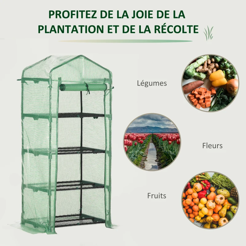 Outsunny Serre de jardin PE avec étagères 4 niveaux, serre de balcon, bâche renforcée 140 /m², châssis en acier, porte zippée enroulable, pour légumes plantes, intérieur extérieur, 70x50x160cm, vert