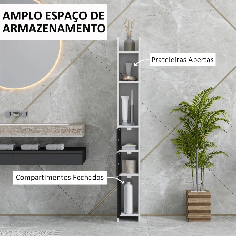 kleankin Coluna Casa de Banho com 3 Portas e 3 Prateleiras Abertas Coluna Auxiliar  Estilo Moderno 15x17x120 cm Branco e Preto