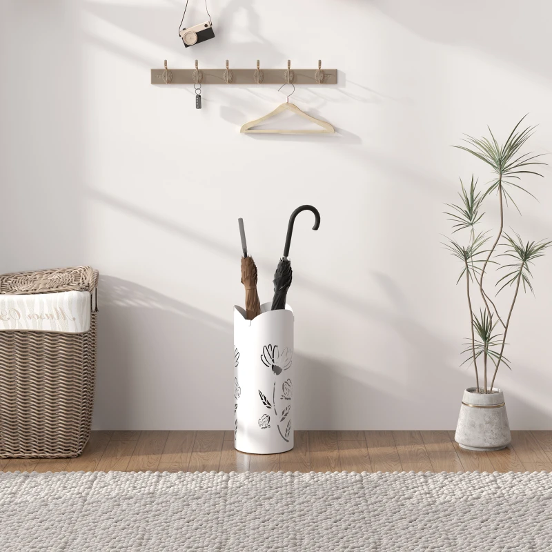 HOMCOM Suporte para Guarda Chuva em Aço com 4 Ganchos Bandeja de Gotejamento Amovível para Entrada ou Escritório Branco 17x17x41 cm