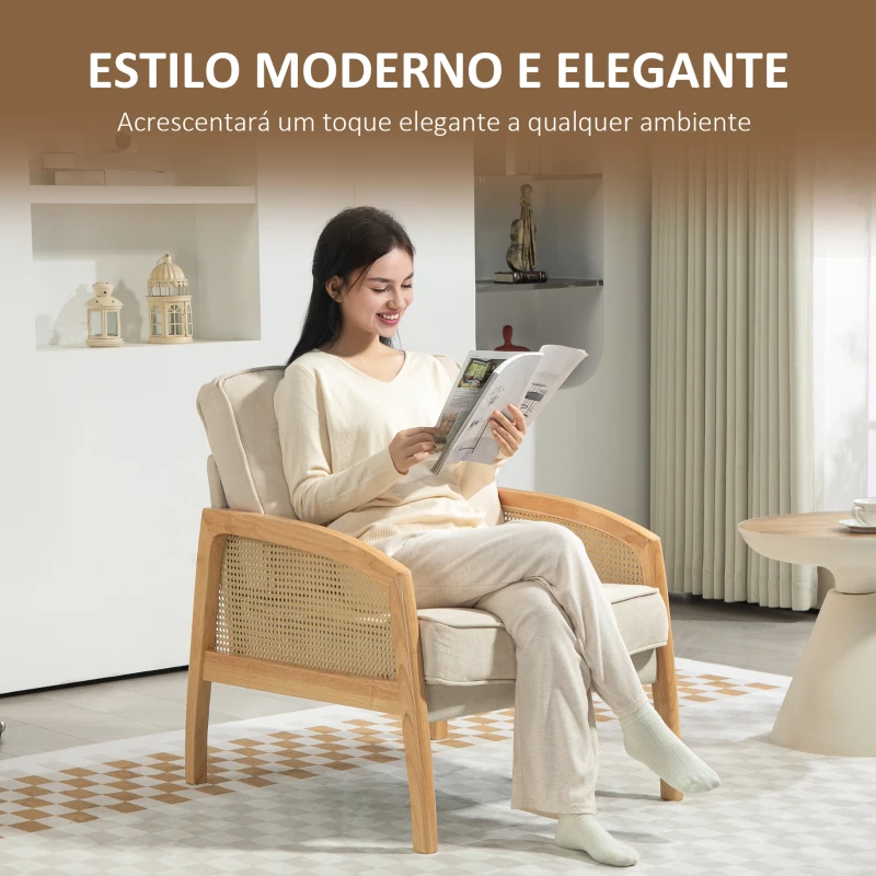 HOMCOM Poltrona Sala de Estar Moderna com Apoio para os Braços em Vime e Pés de Madeira para Escritório 67x75x88 cm Bege